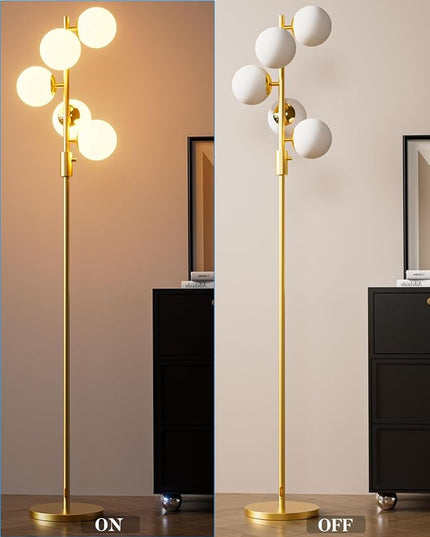 Lightdot Dimmable (Brightness Adjustable) Globe Floor Lamp, Gold Standing Lamps with 5PCS 3000K G9 Bulbs, Mid Century Modern Floor Lamp for Living Room Bedroom Office - LeafyLoom
