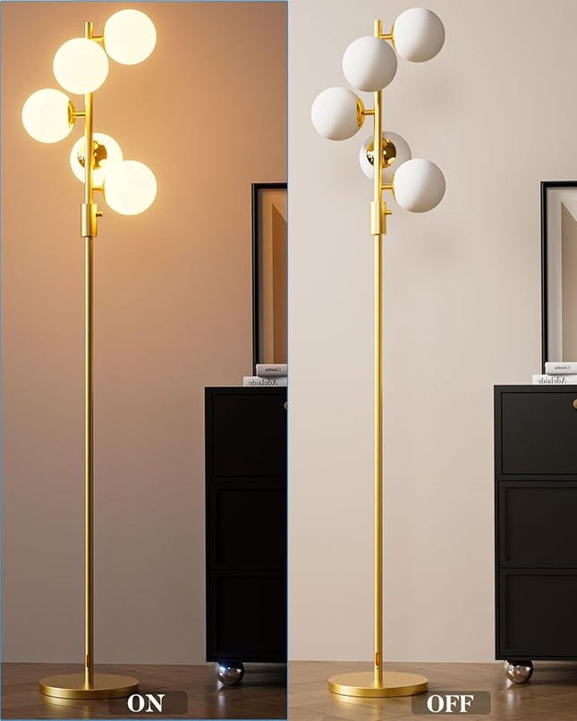 Lightdot Dimmable (Brightness Adjustable) Globe Floor Lamp, Gold Standing Lamps with 5PCS 3000K G9 Bulbs, Mid Century Modern Floor Lamp for Living Room Bedroom Office - LeafyLoom