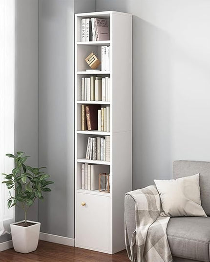 IOTXY Small Narrow Corner Bookcase - 71 Inches Tall Gap Freestanding Storage Cabinet, 7 Lattices Open Shelves Tower Rack with Door, Cubes Bookshelf in White - LeafyLoom