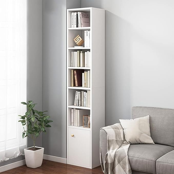 IOTXY Small Narrow Corner Bookcase - 71 Inches Tall Gap Freestanding Storage Cabinet, 7 Lattices Open Shelves Tower Rack with Door, Cubes Bookshelf in White - LeafyLoom