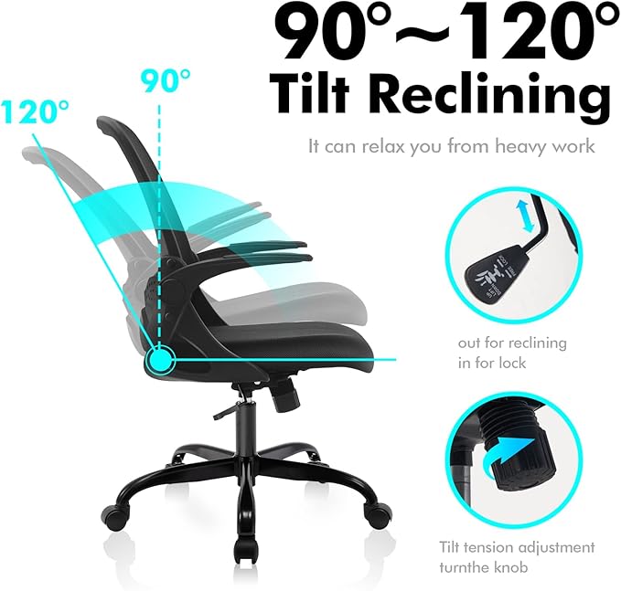 KERDOM Office Chair, Ergonomic Desk Chair, Breathable Mesh Computer Chair, Comfy Swivel Task Chair with Flip-up Armrests and Adjustable Height - LeafyLoom