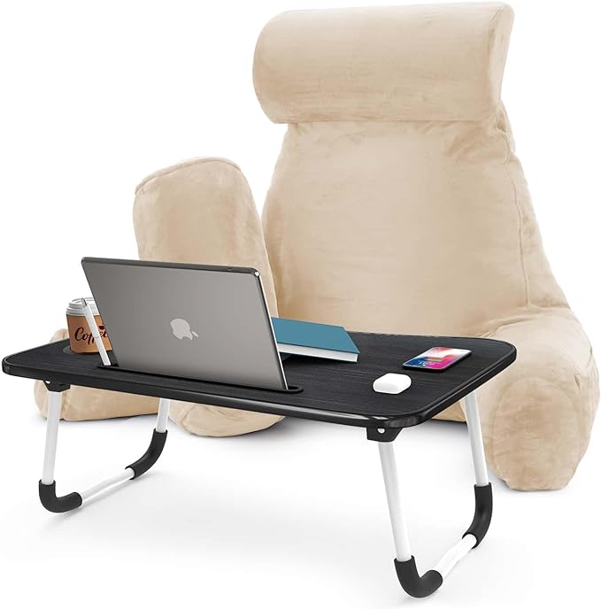 Nestl Reading Pillow with Portable Laptop Lap Desk, Velvet Feel Back Pillow for Sitting in Bed, Shredded Memory Foam Back Support Pillow for Bed, Bed Rest Pillow with Arms, Large - Cream - LeafyLoom