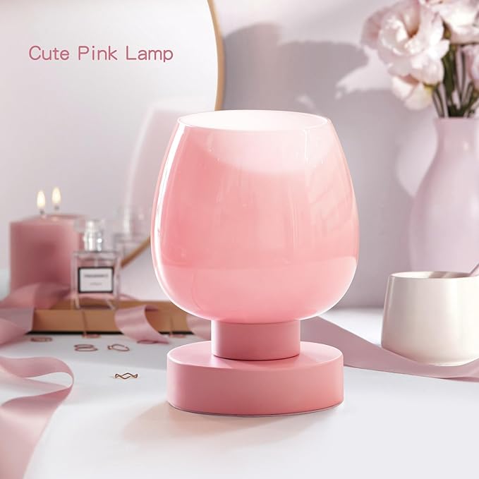 Touch Bedside Table Lamps Set of 2, Dimmable Small Nightstand Lamps for Bedroom, Modern Simple Design, Pink - LeafyLoom
