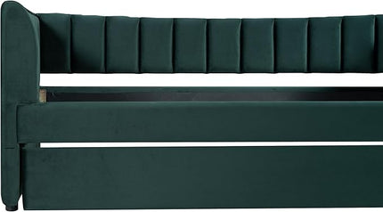 Twin Size Upholstered Velvet Daybed with Trundle,Wood Bed Frame w/ 2 Armrests,Slat Support,No Box Spring Needed,for Small Living Spaces and Accommodating Guests,Green - LeafyLoom