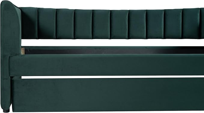 Twin Size Upholstered Velvet Daybed with Trundle,Wood Bed Frame w/ 2 Armrests,Slat Support,No Box Spring Needed,for Small Living Spaces and Accommodating Guests,Green - LeafyLoom