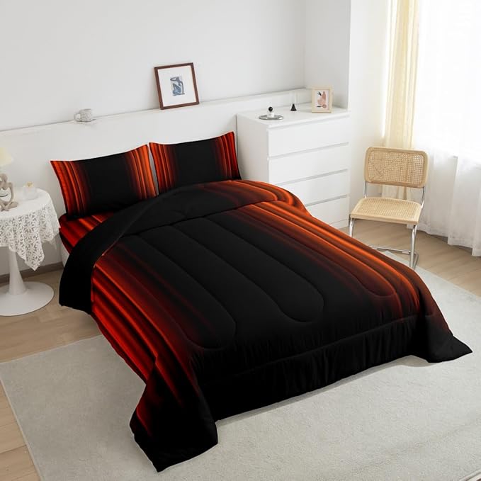 Geometric Abstract Ombre Comforter Set Kids Teens Orange Red and Black Striped Bedding Bed Set Decor Modern Fashion Comforter Inner Fill Bedroom Collection 3Pcs King Size - LeafyLoom