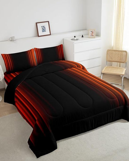 Geometric Abstract Ombre Comforter Set Kids Teens Orange Red and Black Striped Bedding Bed Set Decor Modern Fashion Comforter Inner Fill Bedroom Collection 2Pcs Twin Size - LeafyLoom