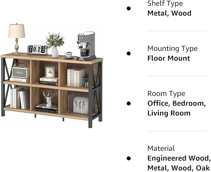 FATORRI 6 Cube Storage Organizer with Shelf, Long Wood and Metal Cubby Bookcase, Industrial Horizontal Bookshelf (Rustic Oak, 47 Inch) - LeafyLoom