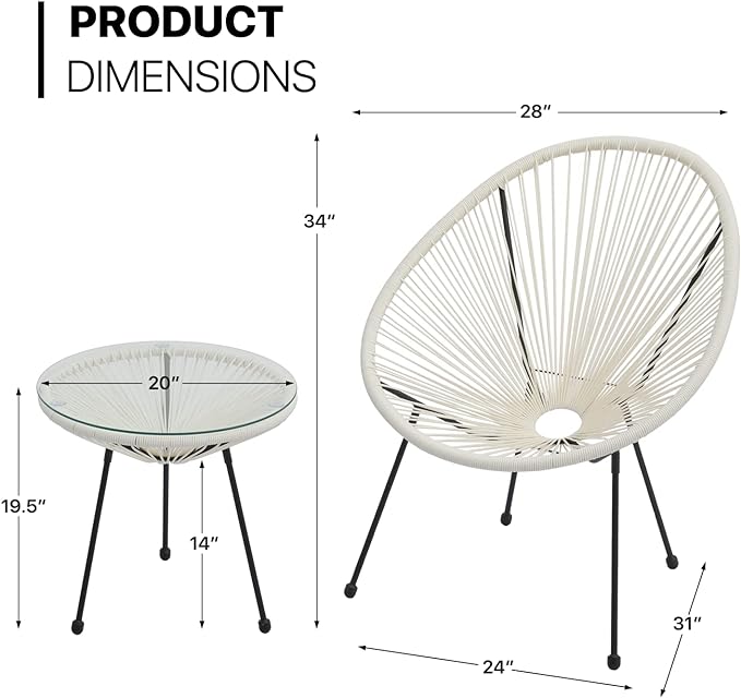 MoNiBloom 3 Piece Outdoor Acapulco Set All-Weather Patio Balcony Conversation Bistro Outside Set with Glass Top Table and 2 Chairs for Indoor Patio Lawn Garden, Weight Capacity 250 lbs, White - LeafyLoom