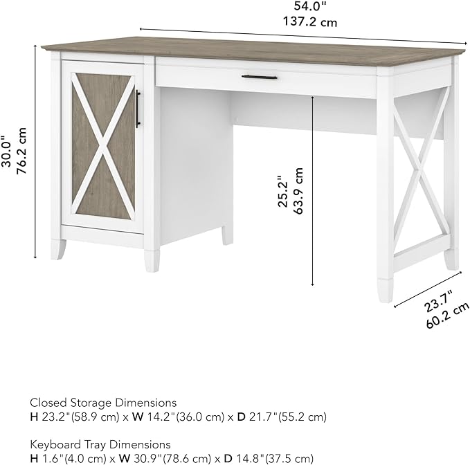 Bush Furniture Key West Computer Desk with Storage | Farmhouse PC Table for Home Office in Pure White and Shiplap Gray | 54W x 24D - LeafyLoom