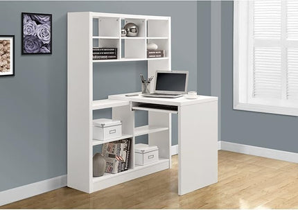 Monarch Specialties 7022, Home Office, Bookcase, Storage Shelves, Set-up, L Shape, Work, Laptop, Laminate, White Computer Desk Left Or Right Facing Corner, 35.5" L x 38" W x 60" H - LeafyLoom