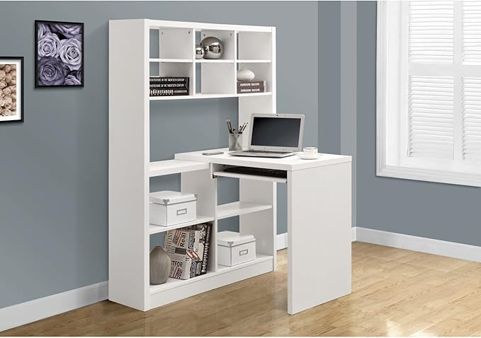 Monarch Specialties 7022, Home Office, Bookcase, Storage Shelves, Set-up, L Shape, Work, Laptop, Laminate, White Computer Desk Left Or Right Facing Corner, 35.5" L x 38" W x 60" H - LeafyLoom