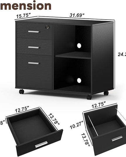 Maxtown Wood Filing Cabinet, Mobile Lateral Filing Cabinet with Lock, 3 Drawer Filing Cabinet with Open Storage Shelves, Printer Stand with Storage, Oak Grain - LeafyLoom