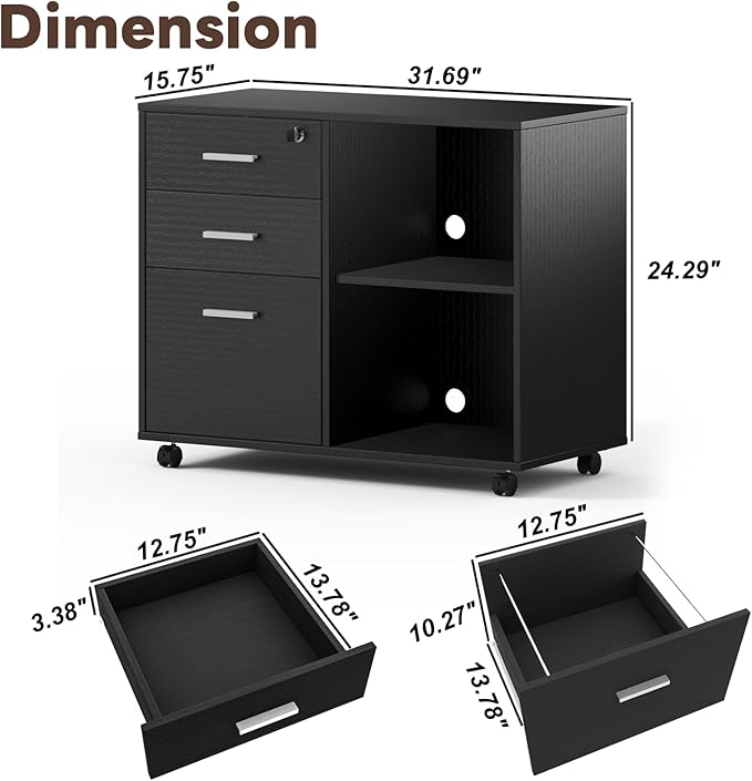 Maxtown Wood Filing Cabinet, Mobile Lateral Filing Cabinet with Lock, 3 Drawer Filing Cabinet with Open Storage Shelves, Printer Stand with Storage, Oak Grain - LeafyLoom