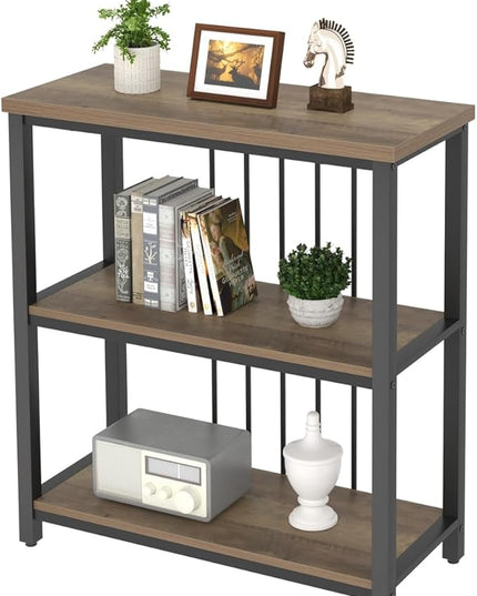 FOLUBAN Small Bookshelf and Bookcase, 3 Tier Open Book Shelf, Modern Metal and Wood Shelving Unit for Living Room Bedroom, Oak - LeafyLoom