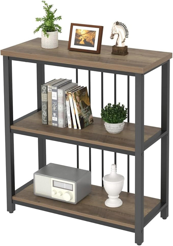 FOLUBAN Small Bookshelf and Bookcase, 3 Tier Open Book Shelf, Modern Metal and Wood Shelving Unit for Living Room Bedroom, Oak - LeafyLoom