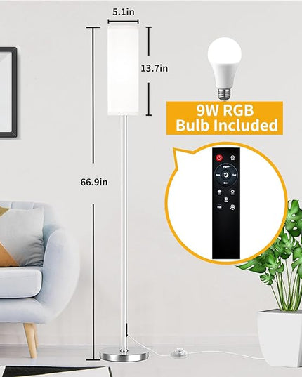 Floor Lamp for Living Room Bedroom with Remote, Modern LED Floor Lamp with Two Adjustment Modes of Reading and Colorful,Standing Lamp Tall Lamp with White,9W Bulb Included(Brushed Nickel) - LeafyLoom