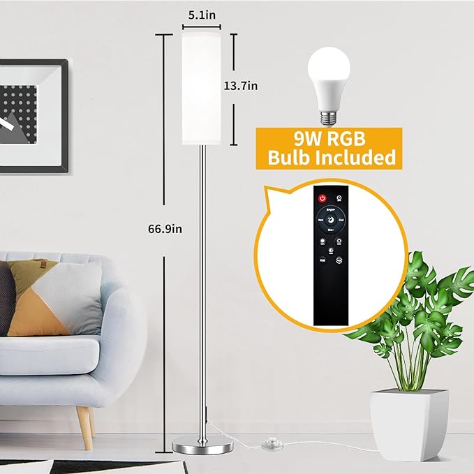 Floor Lamp for Living Room Bedroom with Remote, Modern LED Floor Lamp with Two Adjustment Modes of Reading and Colorful,Standing Lamp Tall Lamp with White,9W Bulb Included(Brushed Nickel) - LeafyLoom
