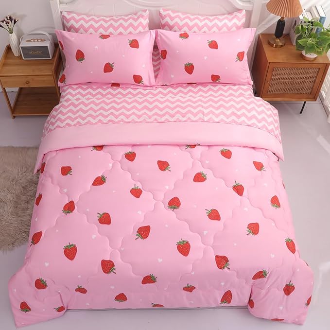 Strawberry Comforter Bedding Set Twin Size for Girls 7 Piece Pink Kawaii Comforter Set Bed in A Bag for Kids Teens All Season (1 Comforter,1 Flat Sheet,1 Fitted Sheet and 4 Pillow Sham) - LeafyLoom