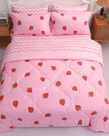 Girls Strawberry Comforter Set Queen Size - 7 Piece Bed in A Bag Bedding Set for Kids Teens - All Season (1 Comforter,1 Flat Sheet,1 Fitted Sheet and 4 Pillow Sham) Pink - LeafyLoom