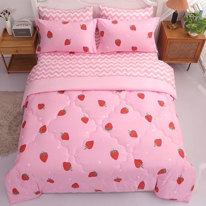 Girls Strawberry Comforter Set Queen Size - 7 Piece Bed in A Bag Bedding Set for Kids Teens - All Season (1 Comforter,1 Flat Sheet,1 Fitted Sheet and 4 Pillow Sham) Pink - LeafyLoom