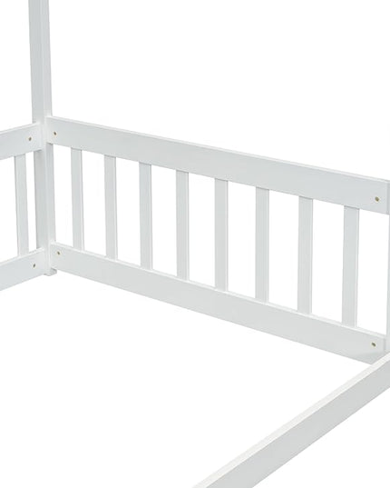 Twin Size Canopy Bed Frame with Guardrails for Kids,Floor Bed Twin with Four Poster Design,Kids Montessori Floor Bed,Wood Canopy Bed Frame for Girls,Boys(Twin,White) - LeafyLoom