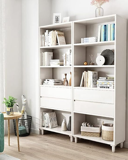 IOTXY Floorstanding Wooden Bookcase with Legs - 67" Tall Open Shelves Cube Billy Bookshelf with Drawers for Home and Office, White - LeafyLoom