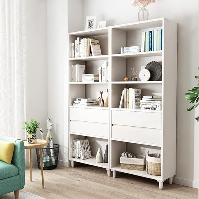IOTXY Floorstanding Wooden Bookcase with Legs - 67" Tall Open Shelves Cube Billy Bookshelf with Drawers for Home and Office, White - LeafyLoom