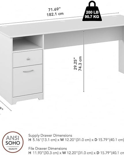 Bush Furniture Cabot Desks for Home Office with Storage and Chrome Hardware | Elegant Computer Table with Drawers, 72W, White - LeafyLoom
