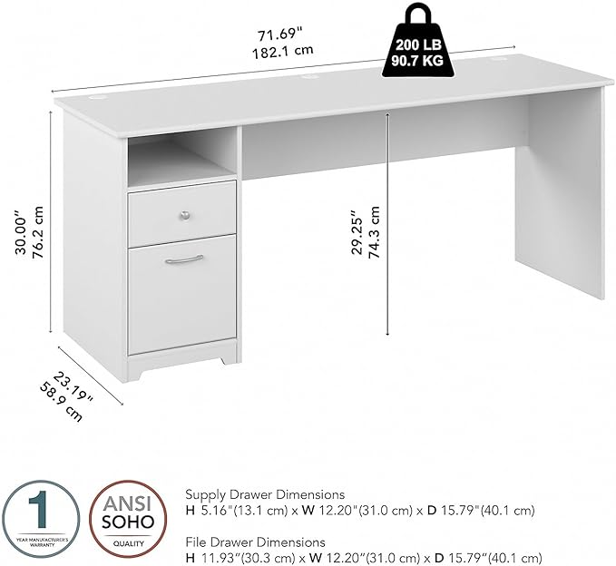 Bush Furniture Cabot Desks for Home Office with Storage and Chrome Hardware | Elegant Computer Table with Drawers, 72W, White - LeafyLoom