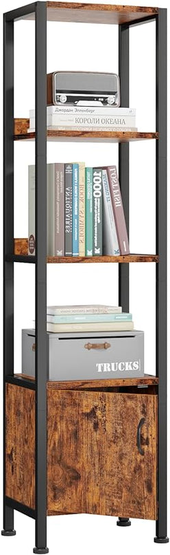 Furologee 5-Tier Bookshelf, Narrow Shelf with Storage Cabinet for Bedroom, Metal and Wood Shelf, Industrial Freestanding Display Tall Shelf for Living Room, Home Office, Bathroom, Rustic Brown - LeafyLoom