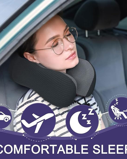 napfun Neck Pillow for Traveling, Upgraded Travel Neck Pillow for Airplane 100% Pure Memory Foam Travel Pillow for Flight Headrest Sleep, Portable Plane Accessories, Striped Black - LeafyLoom