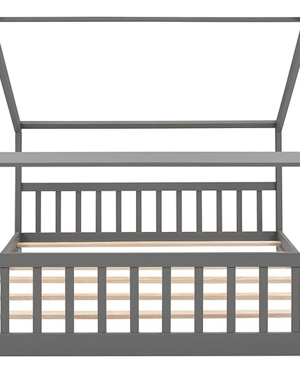 Montessori Floor Bed Frame Full Size, Full Floor Bed Frame with Headboard, Footboard and Slats, Wood Montessori Bed Frame/Montessori House Bed for Kids, Girls, Boys(Gray) - LeafyLoom