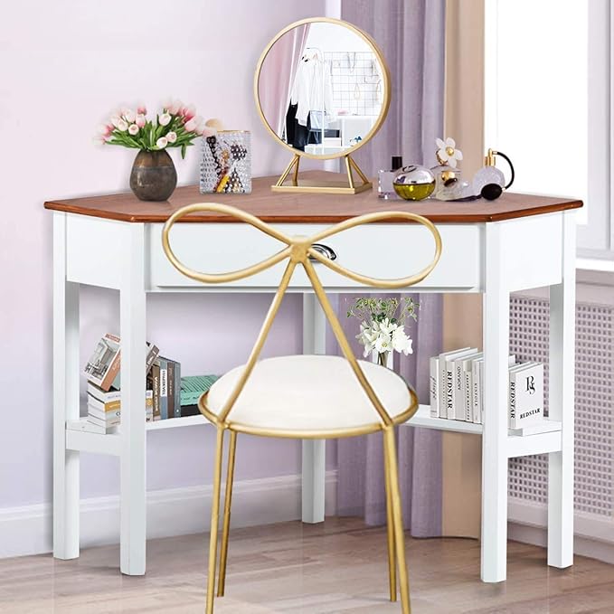 Nightcore Small, Wood Computer Desk, Compact Writing w/Drawer & Storage Shelves, Space Saving Study Workstation, Laptop PC Corner Table, Natural - LeafyLoom