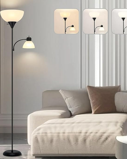 Floor Lamp for Living Room 9W LED Torchiere Floor Lamp with 9W Adjustable Reading Lamp Black 72" Tall Floor Lamps for Bedroom Office Two Independent Rotary switches Including 2 Light Bulbs. - LeafyLoom