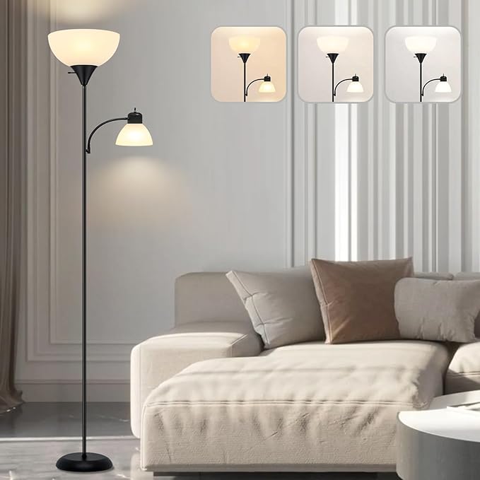 Floor Lamp for Living Room 9W LED Torchiere Floor Lamp with 9W Adjustable Reading Lamp Black 72" Tall Floor Lamps for Bedroom Office Two Independent Rotary switches Including 2 Light Bulbs. - LeafyLoom