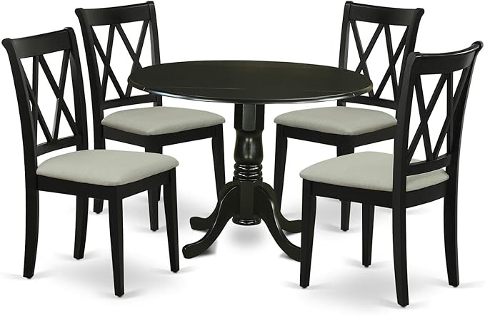 East West Furniture DLCL5-BLK-C Dublin 5 Piece Room Set Includes a Round Dining Table with Dropleaf and 4 Linen Fabric Upholstered Chairs, 42x42 Inch, Black - LeafyLoom