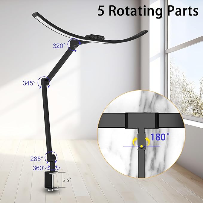 Architect Desk Lamp with Clamp, 1500LM Bright Curved 24W Led Desk Light for Home Office, Adjustable Clip On Rotating Office lamp Tall Dimmable Overhead Table Light for Computer Drafting - LeafyLoom