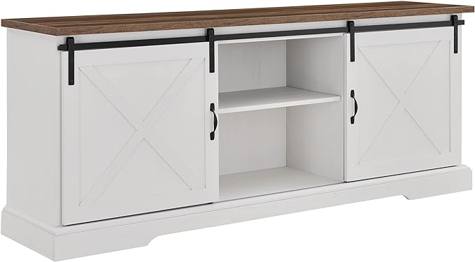 Walker Edison Corbin Modern Farmhouse Sliding X Barn Door TV Stand for TVs up to 80 Inches, 70 Inch, Reclaimed Barnwood and Brushed White - LeafyLoom