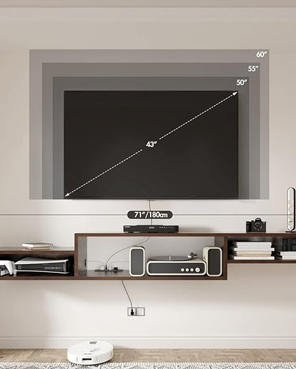 Floating TV Stand Wall Mounted with Power Outlet 70", Floating Entertainment Center, Wood Media Console Shelf for Under TV Storage for Living Room Bedroom Office - LeafyLoom