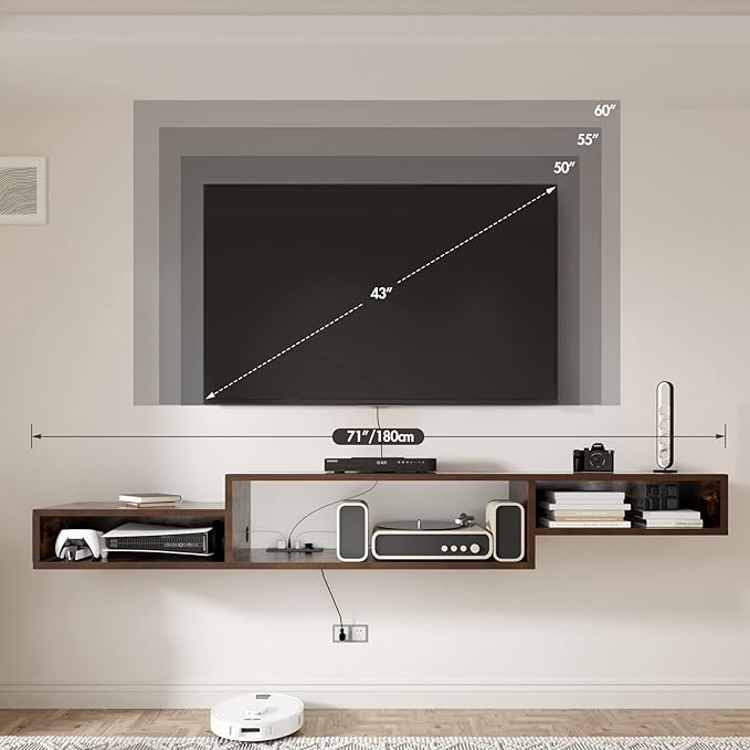 Floating TV Stand Wall Mounted with Power Outlet 70", Floating Entertainment Center, Wood Media Console Shelf for Under TV Storage for Living Room Bedroom Office - LeafyLoom