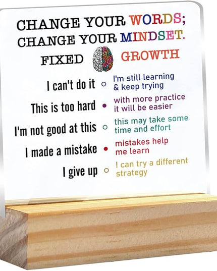Growth Mindset Gift Change Your Words Change Your Mindset Clear Desk Decorative Sign Keepsake Present Positive Acrylic Plaque with Wooden Stand Sign Desk Decor for Home Office - LeafyLoom