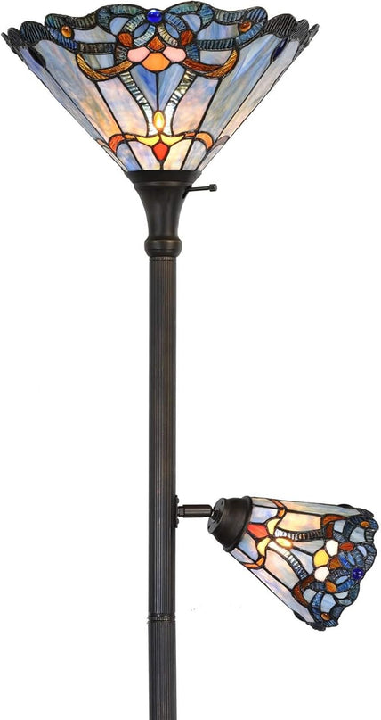 Bieye L10686 Baroque Tiffany Style Stained Glass Torchiere Floor Lamp with Sidelight for Reading Home Decor, 71-inch Tall - LeafyLoom