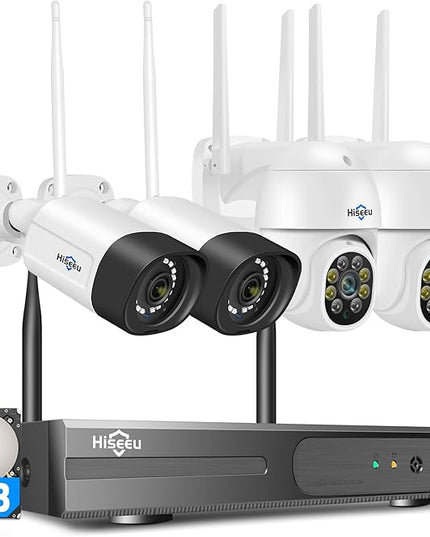 Hiseeu Security Cameras Wireless Outdoor System 5MP PTZ&Bullet Cameras IP66 Waterproof -Night Vision Motion Alert with 1TB Storage WiFi Security Camera No Monthly Fees Hiseeu