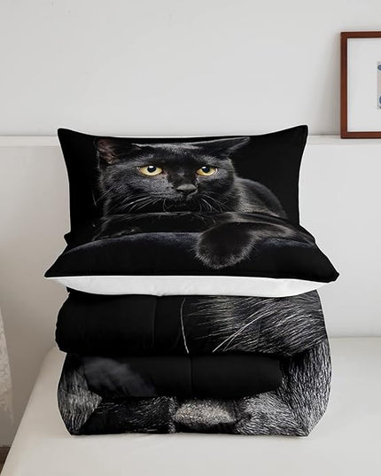 Erosebridal Black Cat Comforter Set Full 3D Cat Duvet Insert for Kids Girls Boys Cat Lover Cute Farmhouse Domestic Pet Animal Bedding Set Cute Cat Down Comforter Soft Warm Quilt Set Bedroom Decor - LeafyLoom