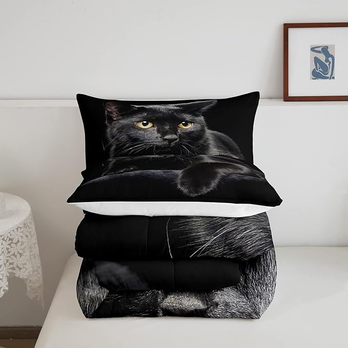 Erosebridal Black Cat Bedding Set Queen Size 3D Cat Comforter Set for Kids Girls Boys Cat Lover Cute Farmhouse Domestic Pet Animal Down Comforter Cute Cat Quilt Set Soft Warm Duvet Set Bedroom Decor - LeafyLoom