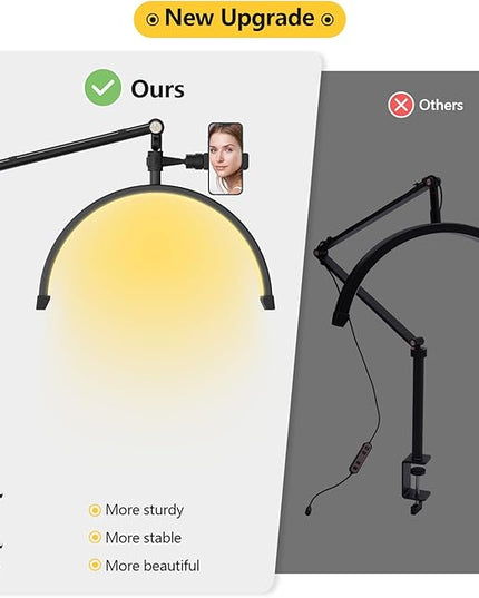 Yofuly Half Moon Light for Lashes, LED Nail Desk Lamp, Esthetician Light for Tattoo Artists, Nail Tech, Eyelash Lamp with Phone Holder, 10 Brightness Adjustable (Black) - LeafyLoom