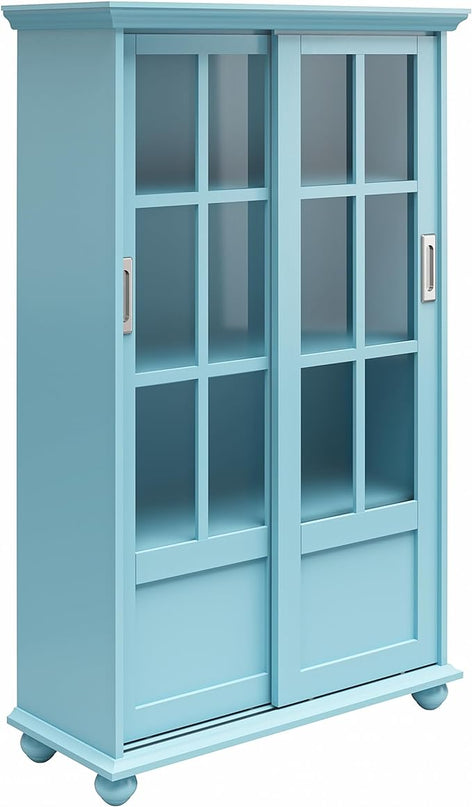 Ameriwood Home Aaron Lane Bookcase with Sliding Glass Doors, Pale Blue - LeafyLoom