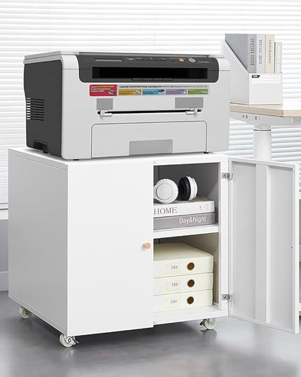 23.62" Metal Office Copier 2 Door and 360 ° Universal Wheel,Mobile Lateral Filing Cabinets w/Aluminum Alloy Handle,Rolling Printer Stand for Legal/Letter/A4,White - LeafyLoom