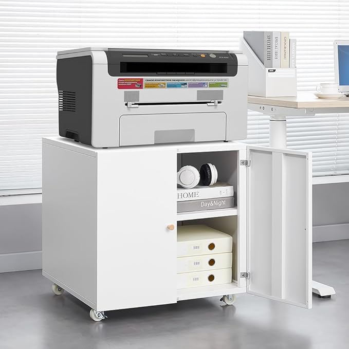 23.62" Metal Office Copier 2 Door and 360 ° Universal Wheel,Mobile Lateral Filing Cabinets w/Aluminum Alloy Handle,Rolling Printer Stand for Legal/Letter/A4,White - LeafyLoom